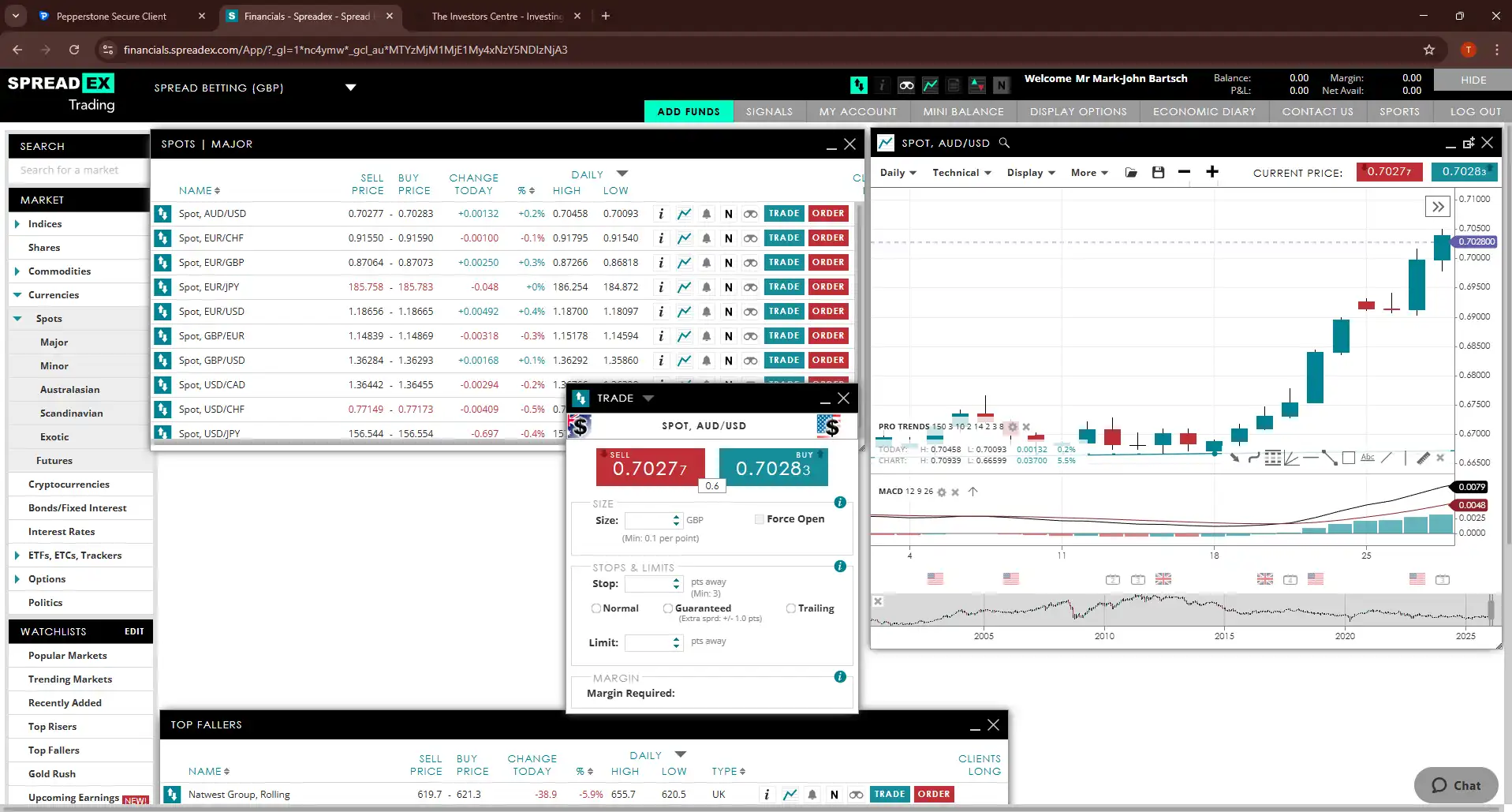 Spreadex web platform showing AUD/USD spot market with sell price 0.70277 and buy price 0.70283, trade ticket open for 0.6 GBP per point, daily candlestick chart with MACD indicator and current price panel visible