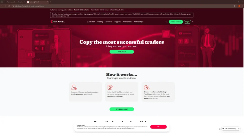 Tickmill copy trading platform showing how users can follow and automatically copy top-performing traders using MT4 and MT5