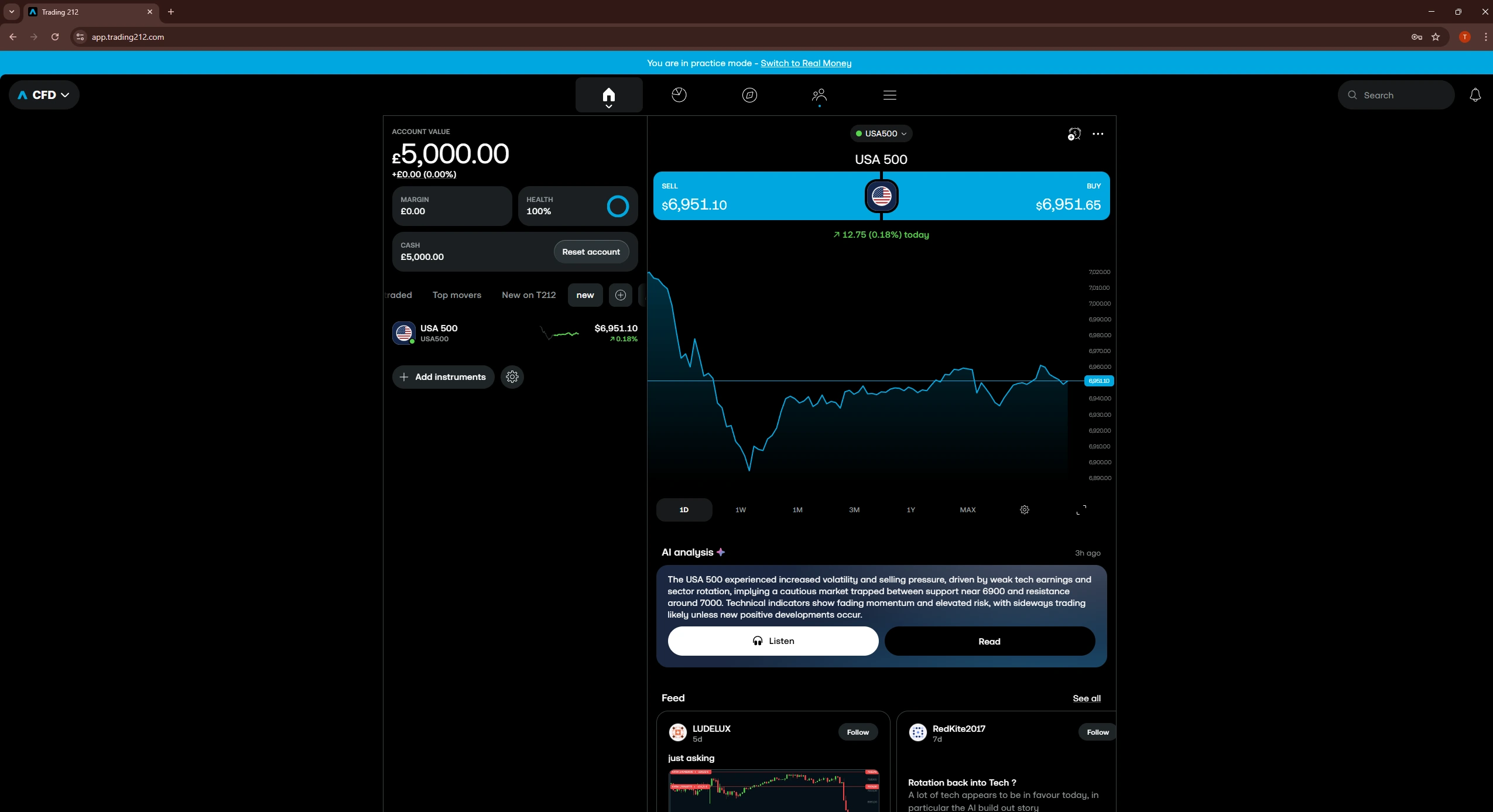 Trading 212 mobile app displaying USA 500 index chart with candlesticks, volume, and one-tap trading