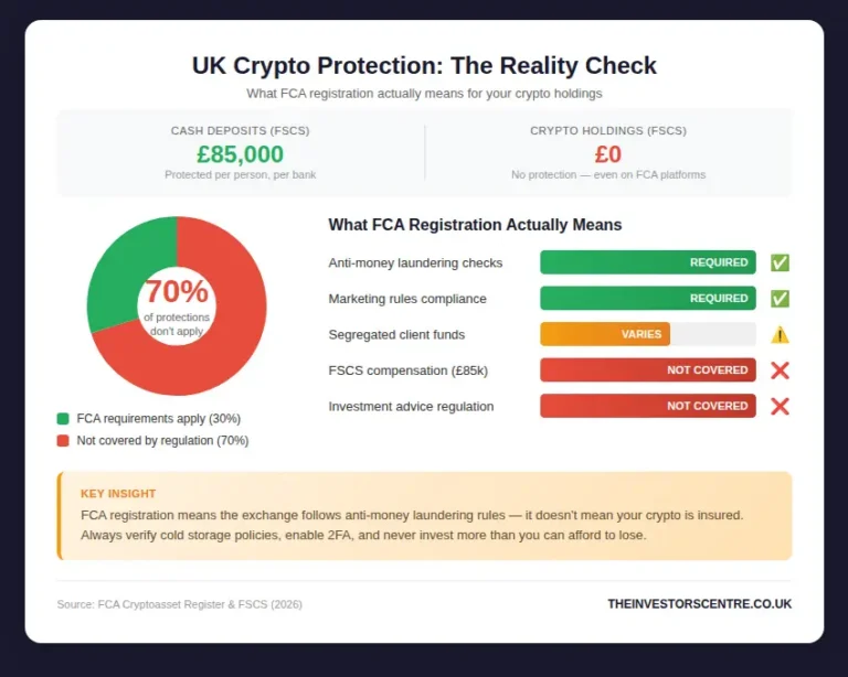 Infographic comparing UK crypto protection showing £0 FSCS coverage for crypto versus £85,000 for cash deposits, with breakdown of what FCA registration covers including AML checks and marketing rules