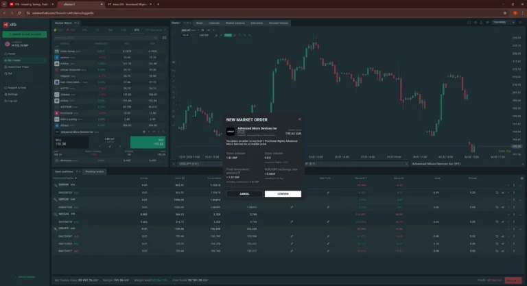 XTB xStation screen with AMD chart and market order popup over positions and watchlist.