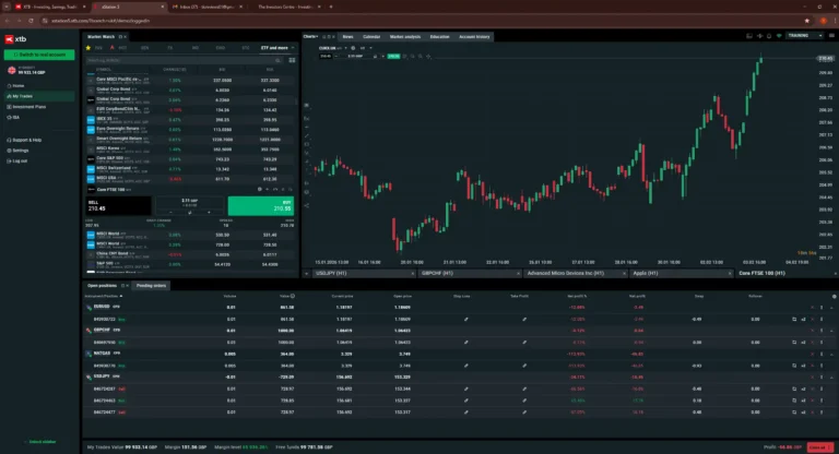 XTB xStation trading platform showing UK 100 index chart and market watch panel