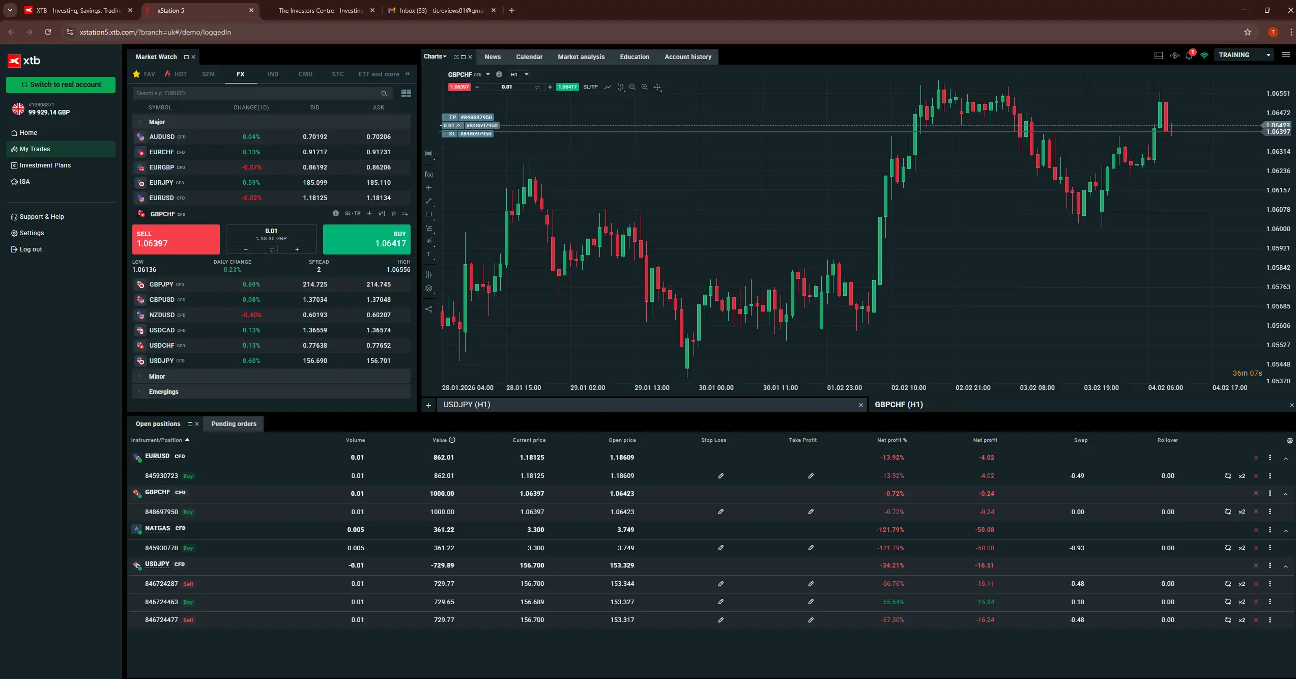 XTB xStation 5 forex trading workspace showing charts, watchlist and order panel