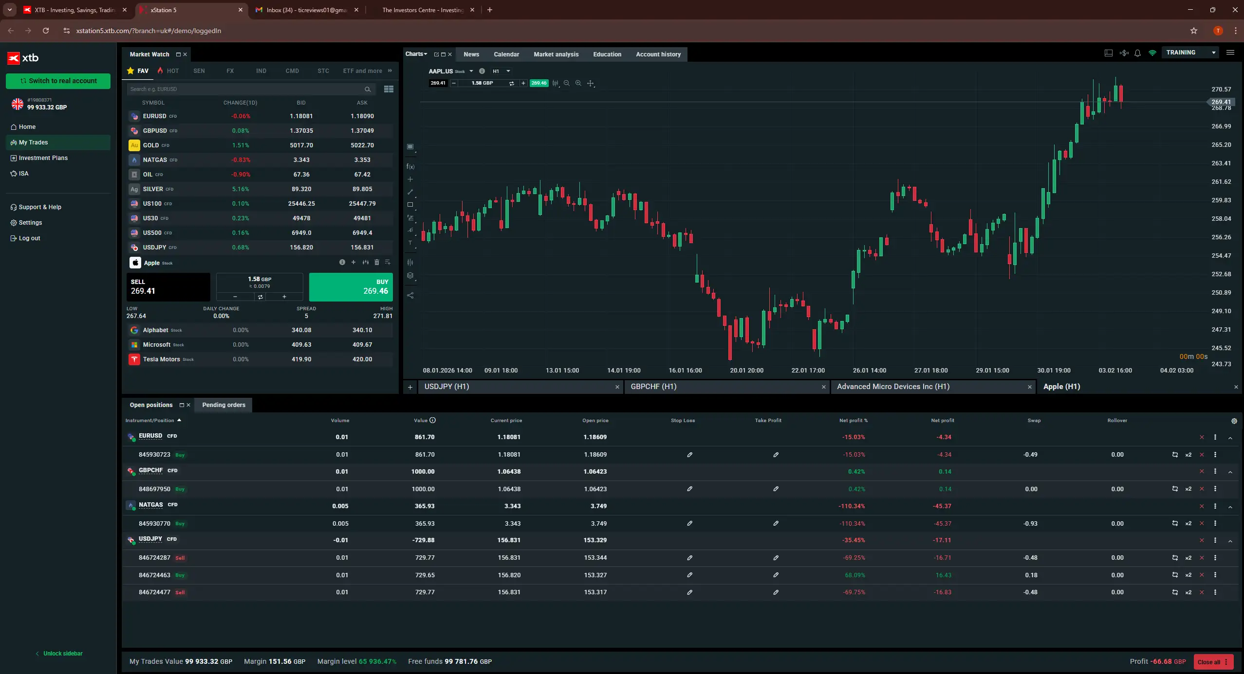 XTB xStation 5 platform with multi-chart layout, watchlist, order panel, and market scanner for active traders