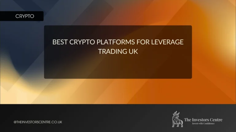 Featured image with dark teal geometric background displaying the title "Best Crypto Platforms for Leverage Trading UK" in white text on a semi-transparent dark overlay, with a "Crypto" category tag and The Investors Centre logo.