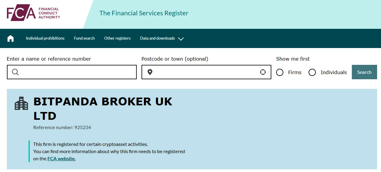 FCA Financial Services Register showing Bitpanda Broker UK Ltd reference number 925234 registered for cryptoasset activities, March 2026
