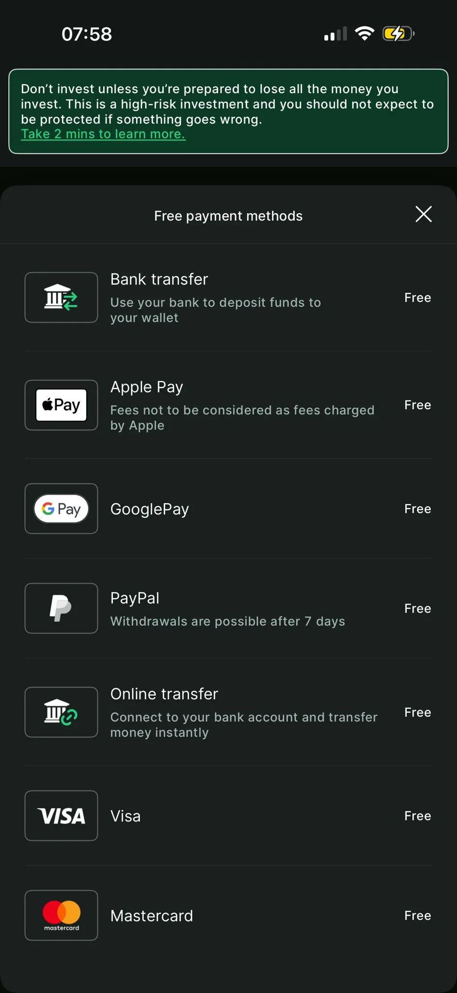 Bitpanda free deposit methods showing bank transfer, Apple Pay, Google Pay, PayPal, online transfer, Visa and Mastercard all with zero fees
