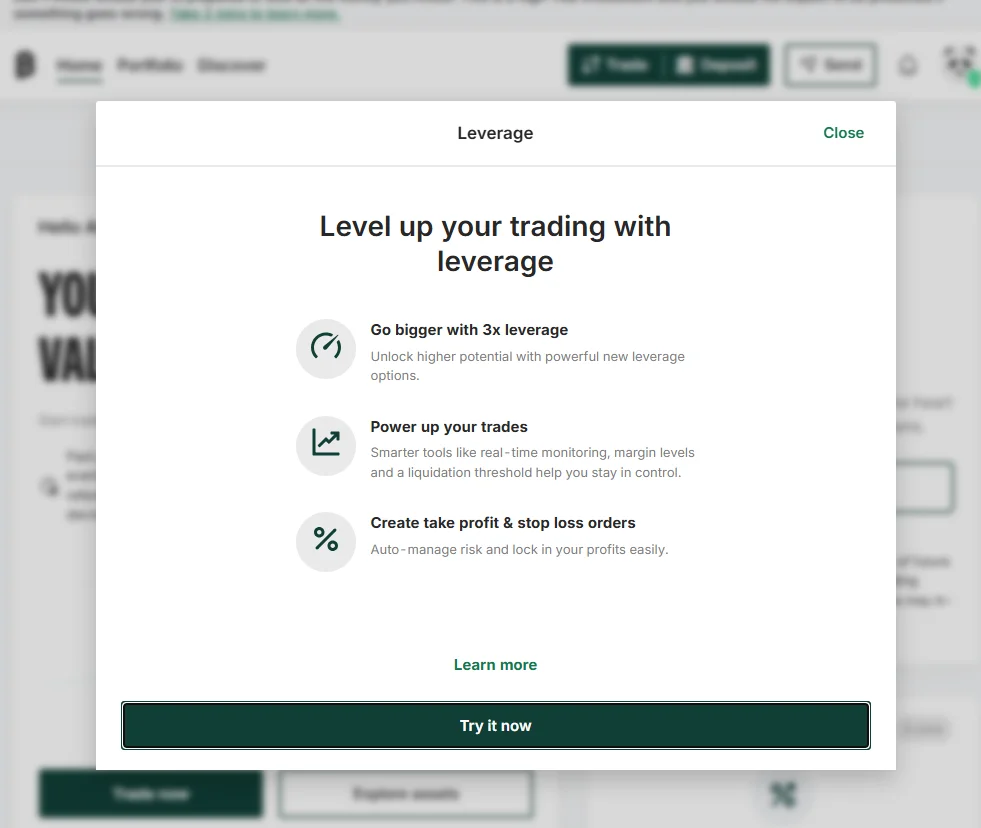 Bitpanda leverage trading popup showing 3x leverage with take profit and stop loss orders, real-time monitoring and margin level tools, March 2026