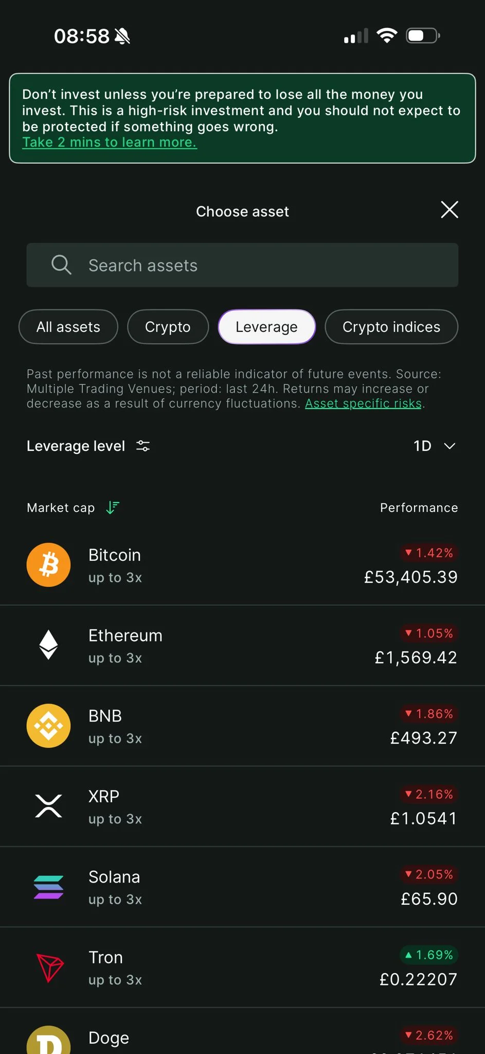 Bitpanda mobile app leverage asset selection showing Bitcoin, Ethereum, BNB, XRP, Solana and Tron all with up to 3x leverage in GBP, March 2026
