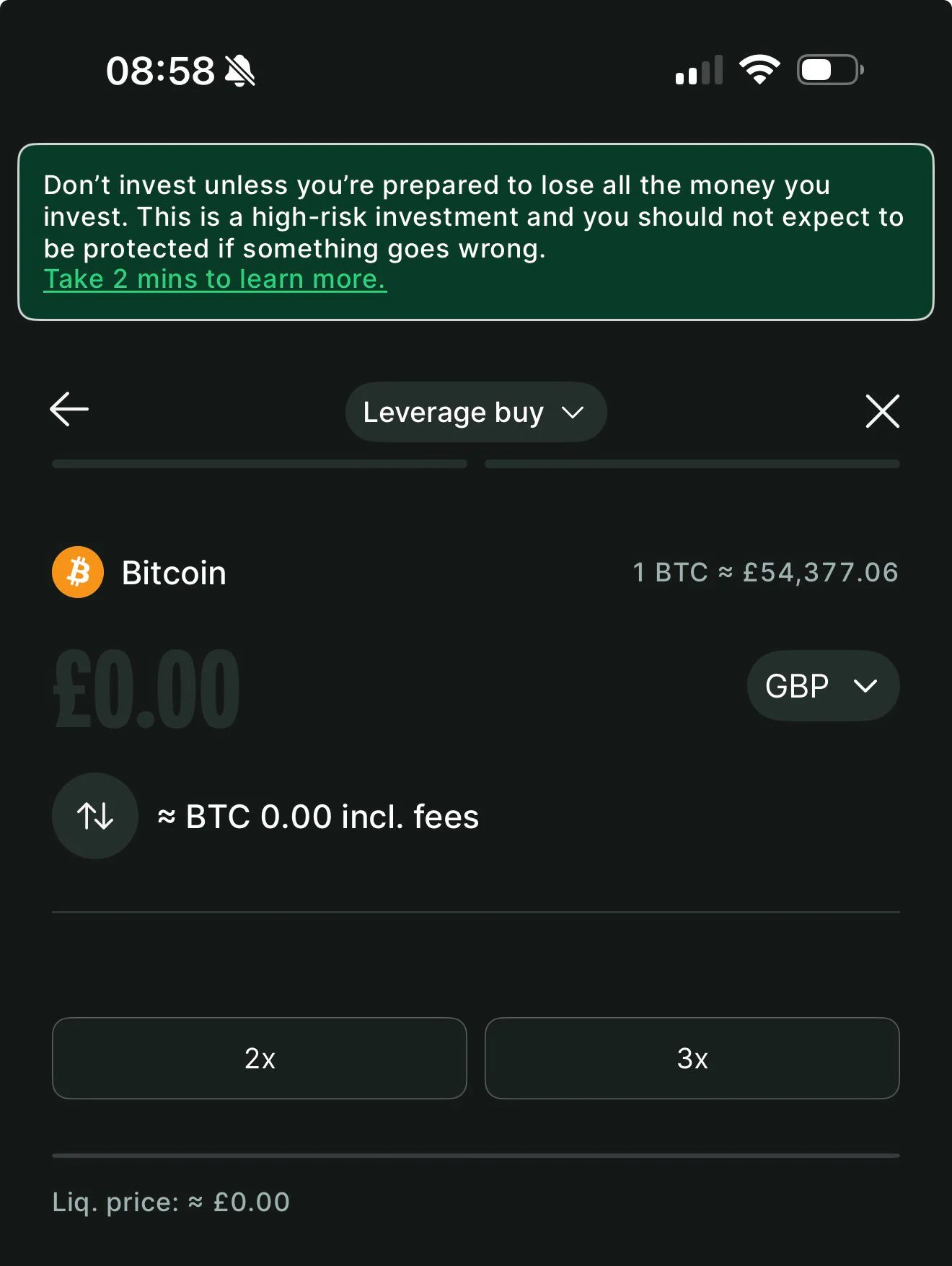 Bitpanda mobile app leverage buy screen for Bitcoin at &pound;54,377.06 showing 2x and 3x margin options with GBP and liquidation price, March 2026