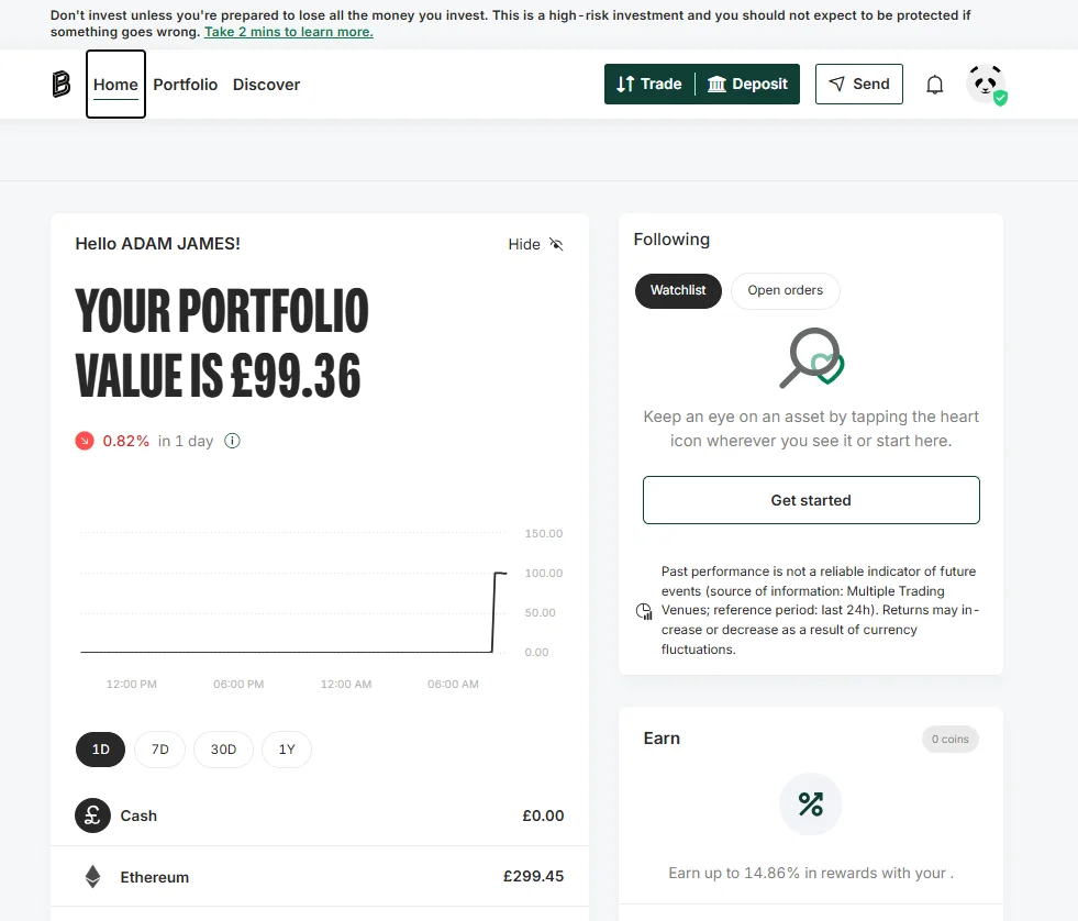 Bitpanda home dashboard showing portfolio value £99.36 with Ethereum holdings of £299.45, watchlist, earn rewards up to 14.86% AER, March 2026