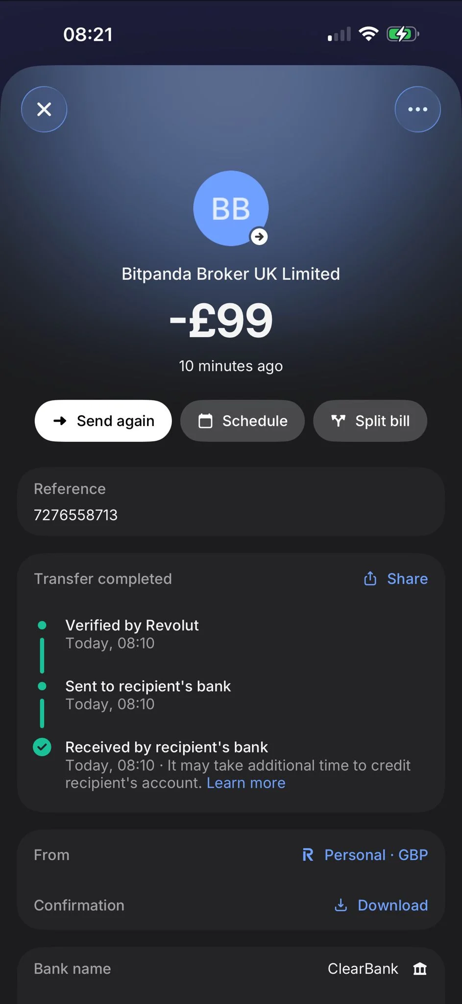 Revolut bank transfer of &pound;99 to Bitpanda Broker UK Limited via ClearBank, verified and received 13th March 2026