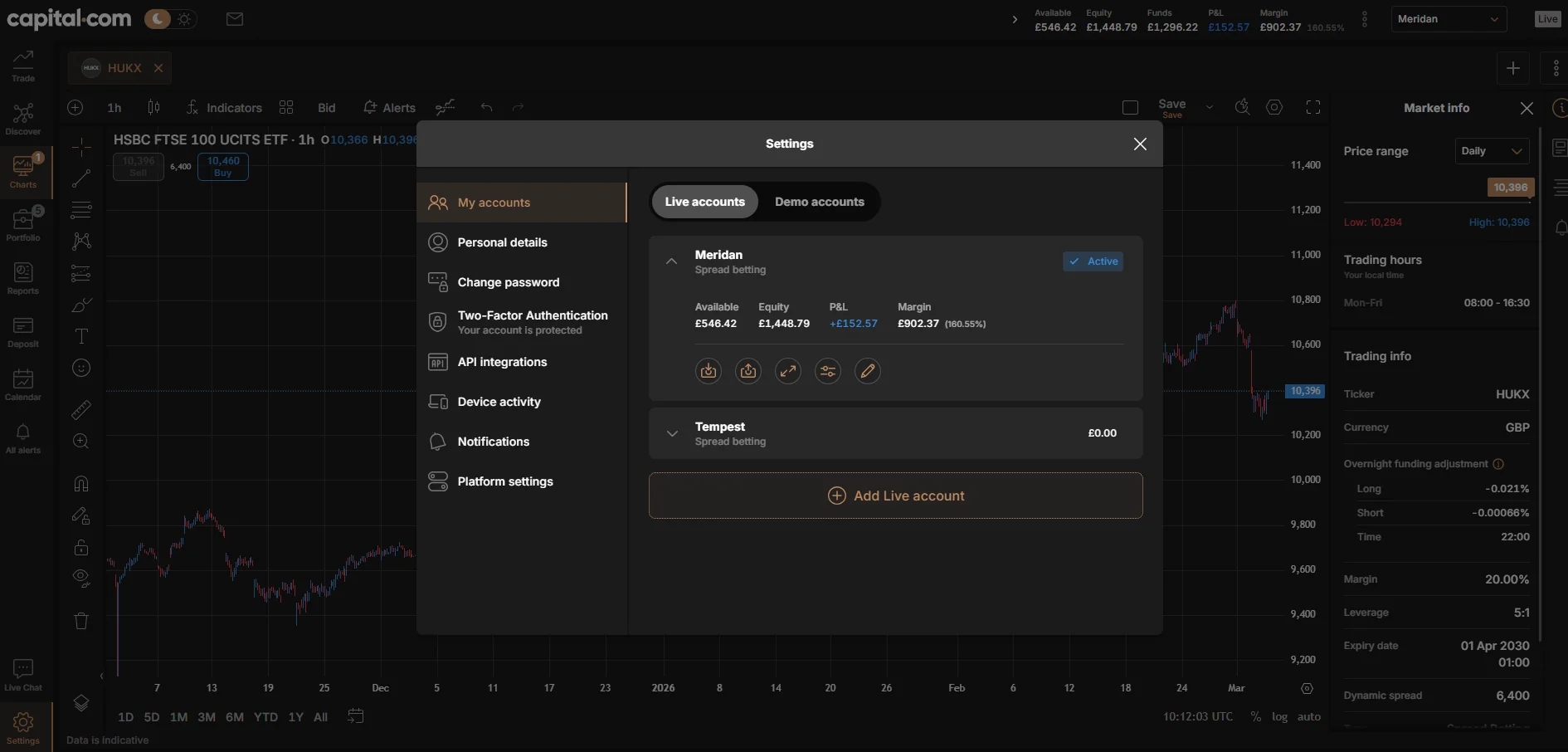 Capital.com account settings showing live and demo account switching in dark mode