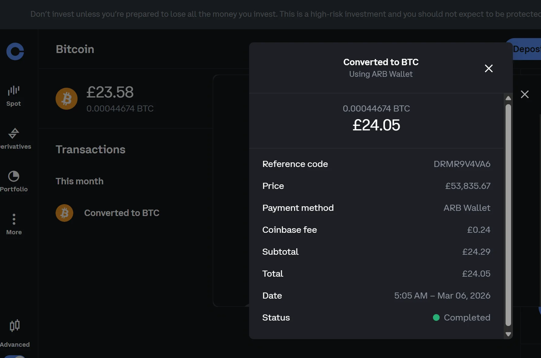 Coinbase transaction detail showing ARB converted to BTC, fee £0.24, completed 6th March 2026