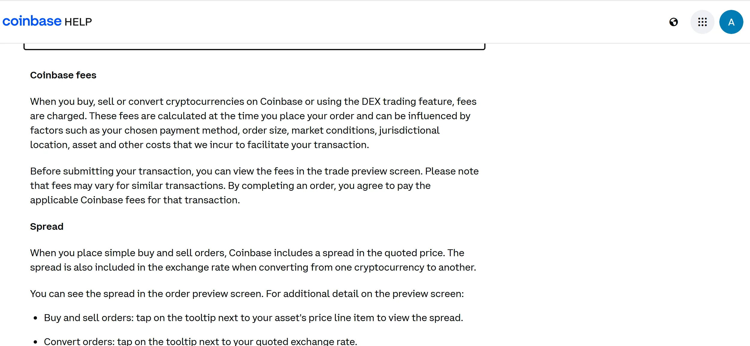 Coinbase Help page explaining fee structure including spread on simple buy and sell orders