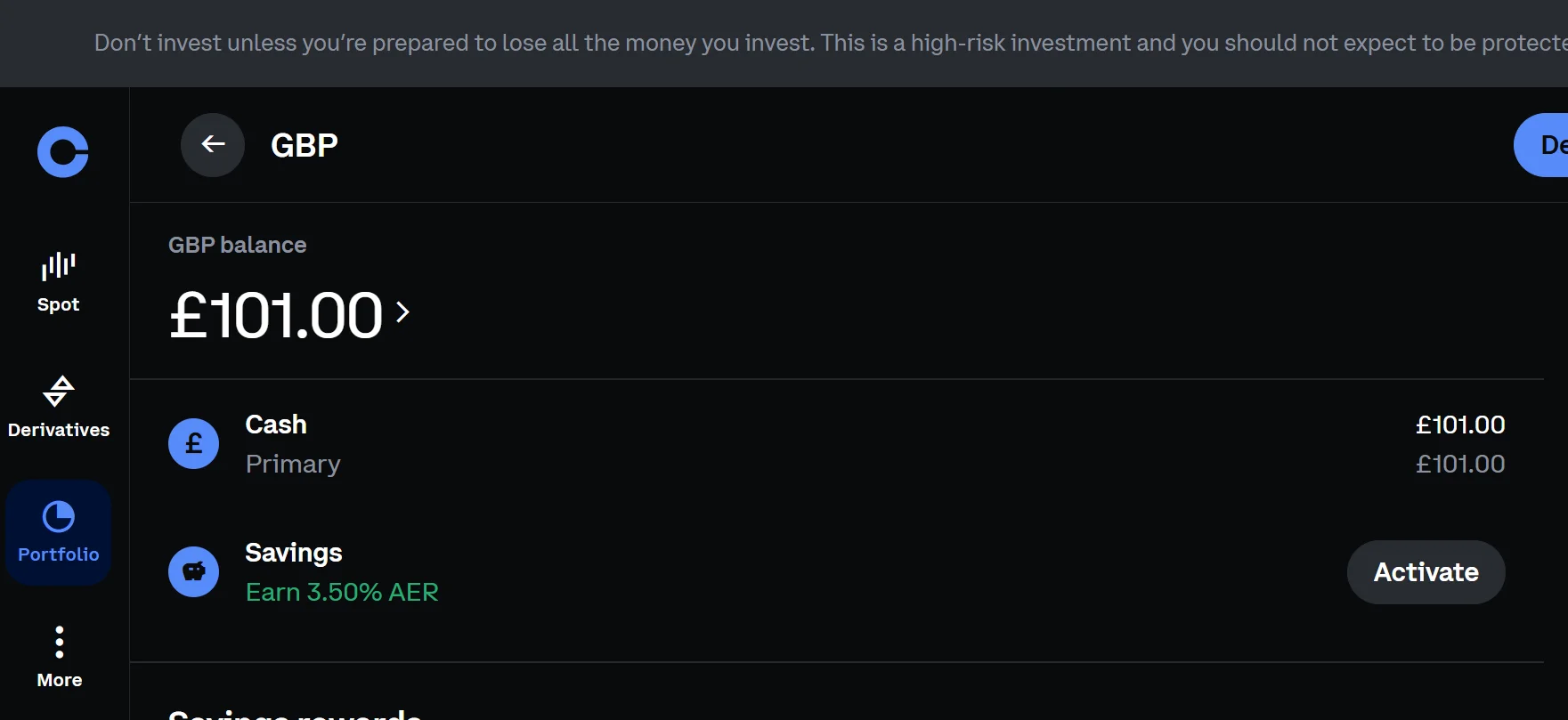 Coinbase GBP wallet showing £101.00 cash balance and Savings account offering 3.50% AER