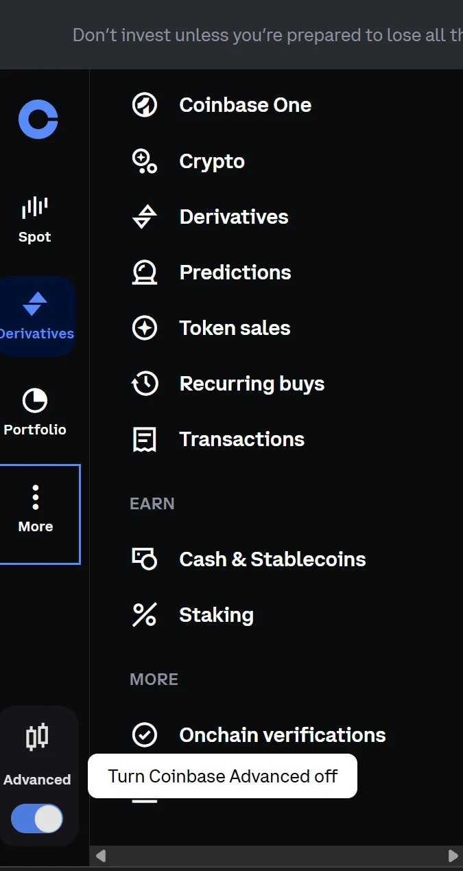 Coinbase More menu showing Coinbase One, Staking, Recurring buys and Advanced toggle switched on