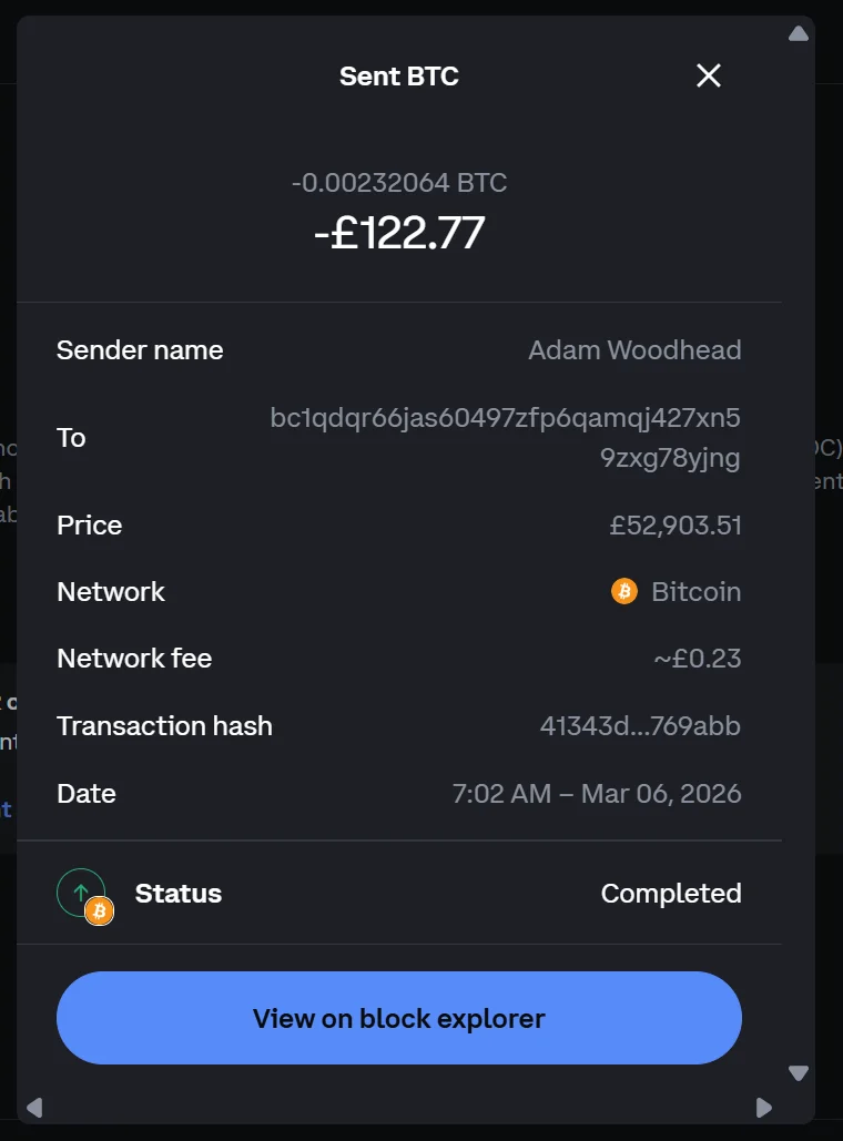 Coinbase sent BTC confirmation showing completed transaction hash 41343d to MetaMask, 7:02 AM 6th March 2026