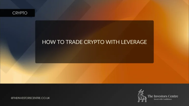 Featured image with dark teal geometric background displaying the title "How to Trade Crypto With Leverage" in white text on a semi-transparent dark overlay, with a "Crypto" category tag and The Investors Centre logo.