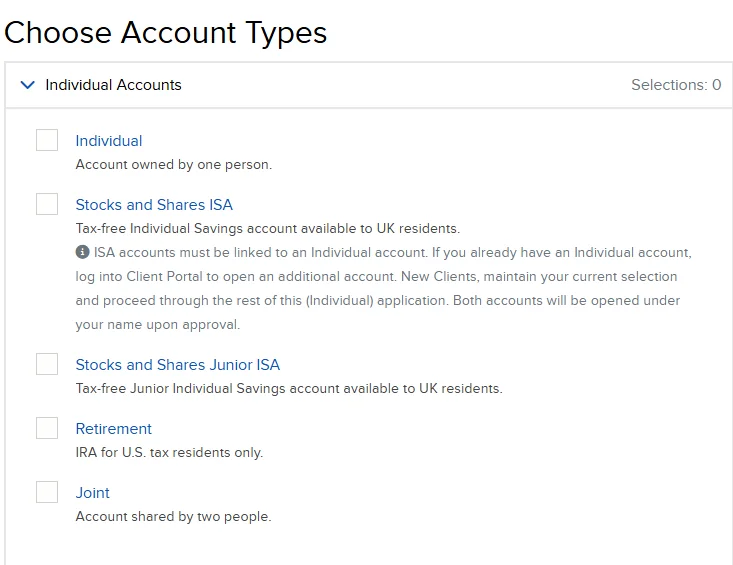 IBKR choose account type page for API trading setup