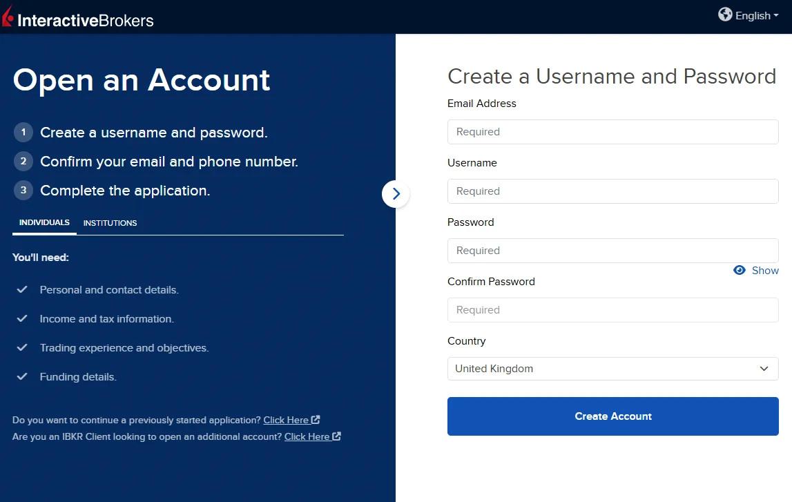 IBKR account opening registration page for ProRealTime integration