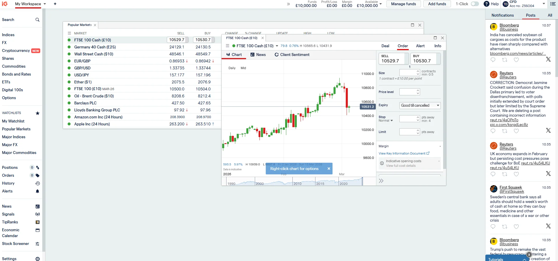IG client sentiment FTSE 100 long vs short positioning percentages
