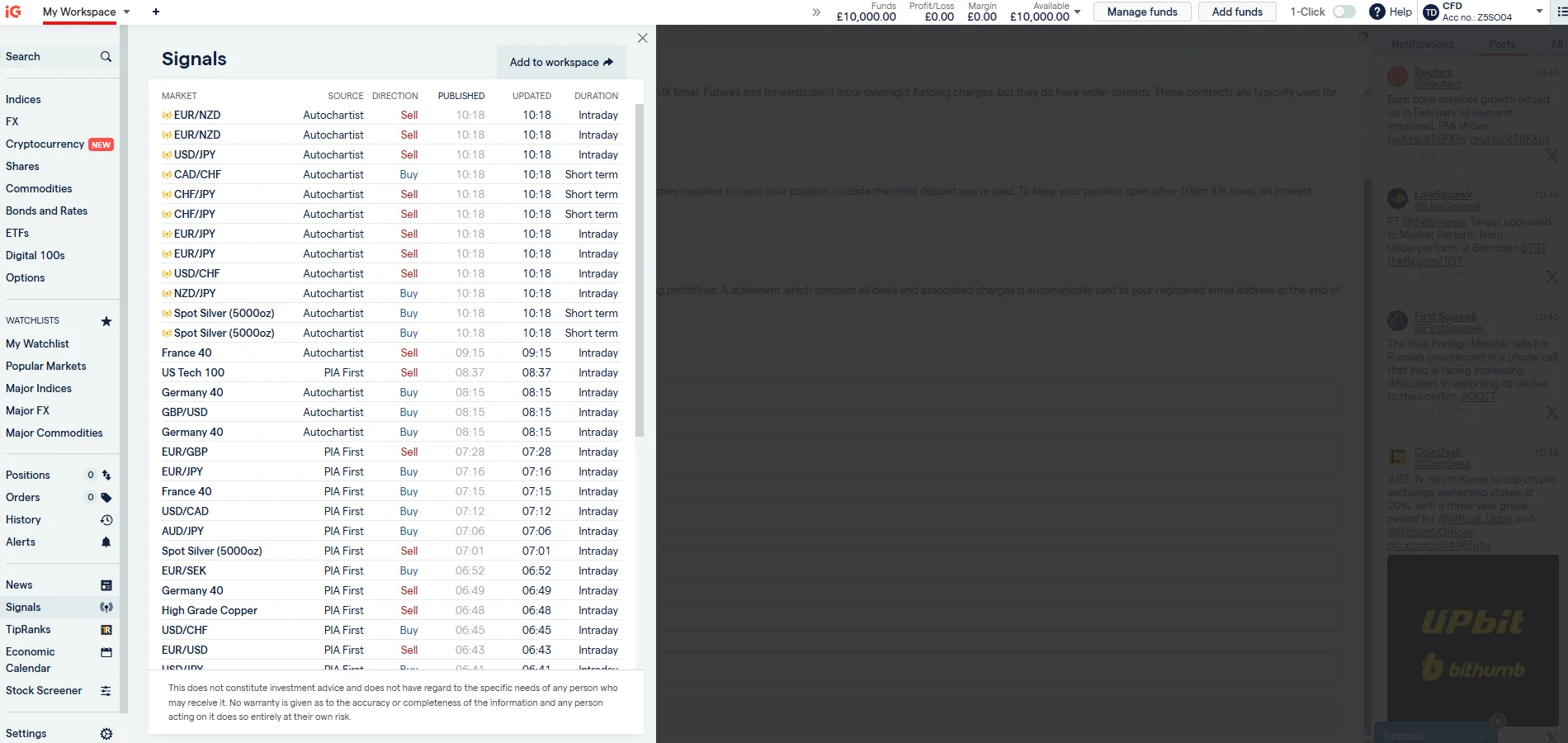 IG trading signals from Autochartist showing forex and indices patterns