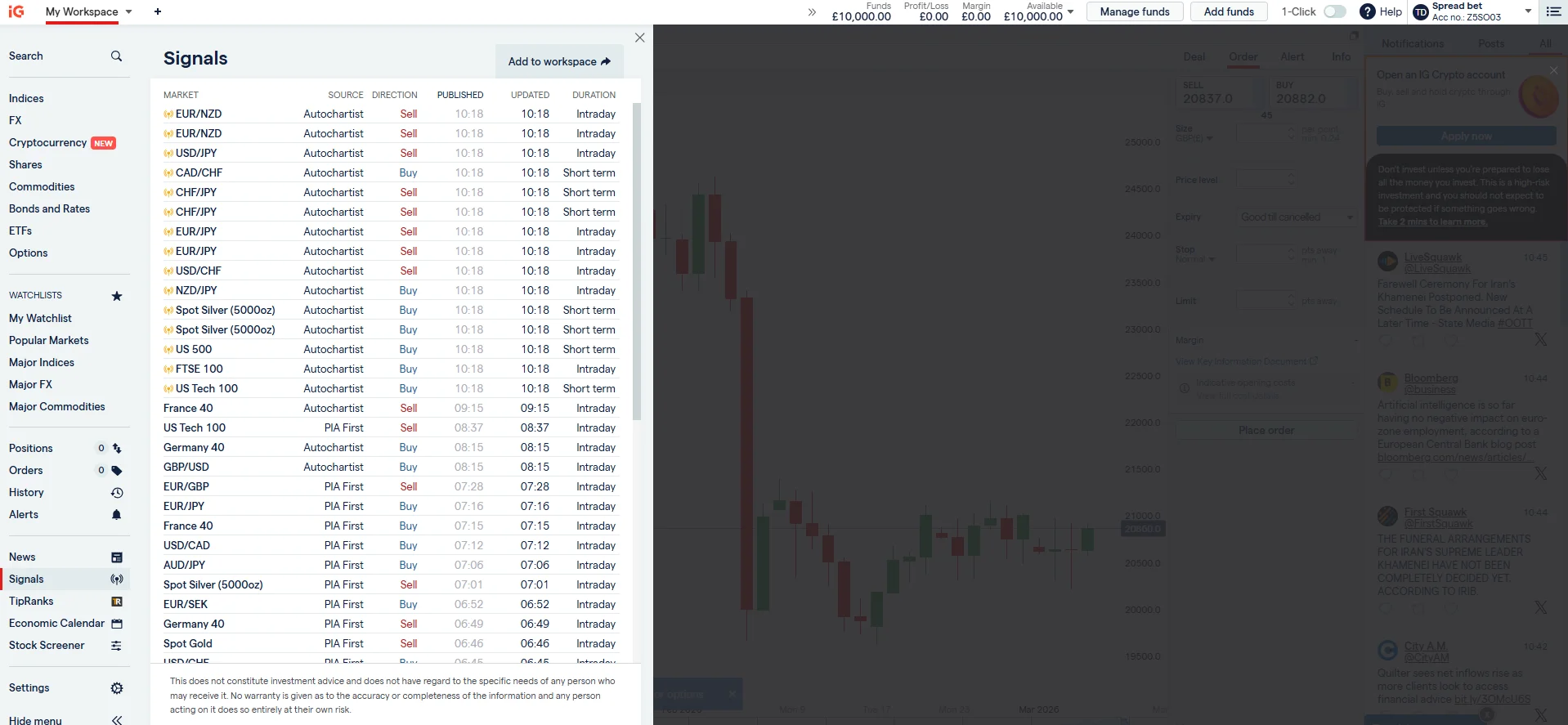 IG Autochartist full signal list showing pattern recognition results