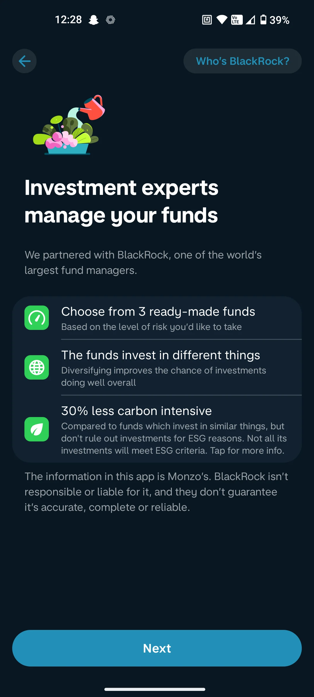 Screenshot of the Monzo app explaining that funds are managed by BlackRock, with three key points: 3 ready-made funds by risk level, diversified investments, and funds that are 30% less carbon intensive