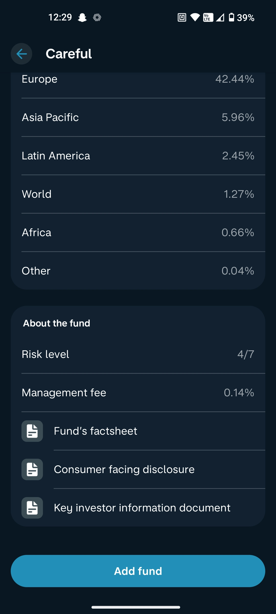 Monzo app showing the Careful fund's about section with risk level 4/7, 0.14% management fee, and links to the fund's factsheet, consumer facing disclosure, and key investor information document