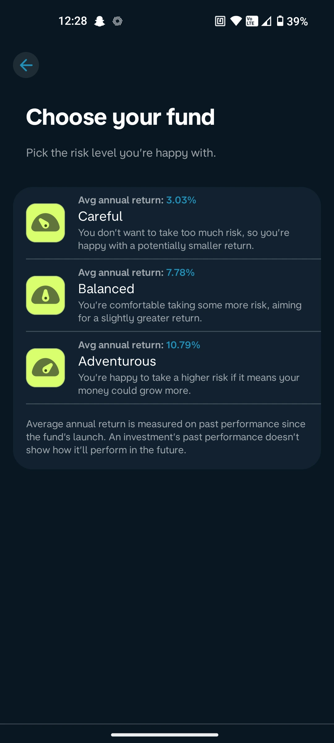 Screenshot of the Monzo app showing three fund options with average annual returns: Careful at 3.03%, Balanced at 7.78%, and Adventurous at 10.79%, based on past performance since launch