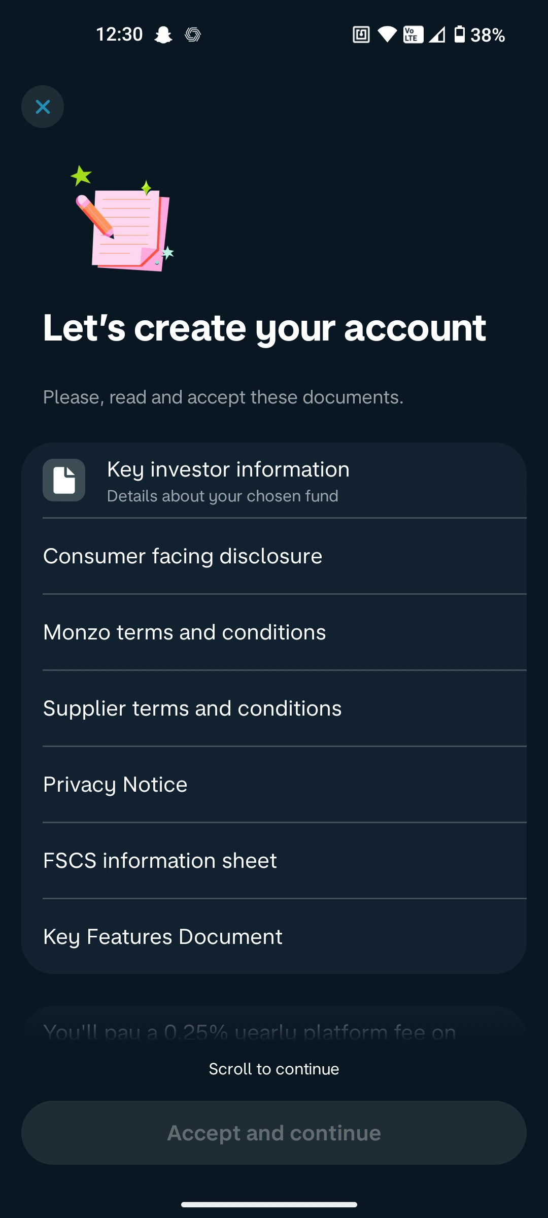 Monzo app investment account creation screen showing a list of documents to review including key investor information, consumer facing disclosure, terms and conditions, privacy notice, FSCS information sheet, and key features document