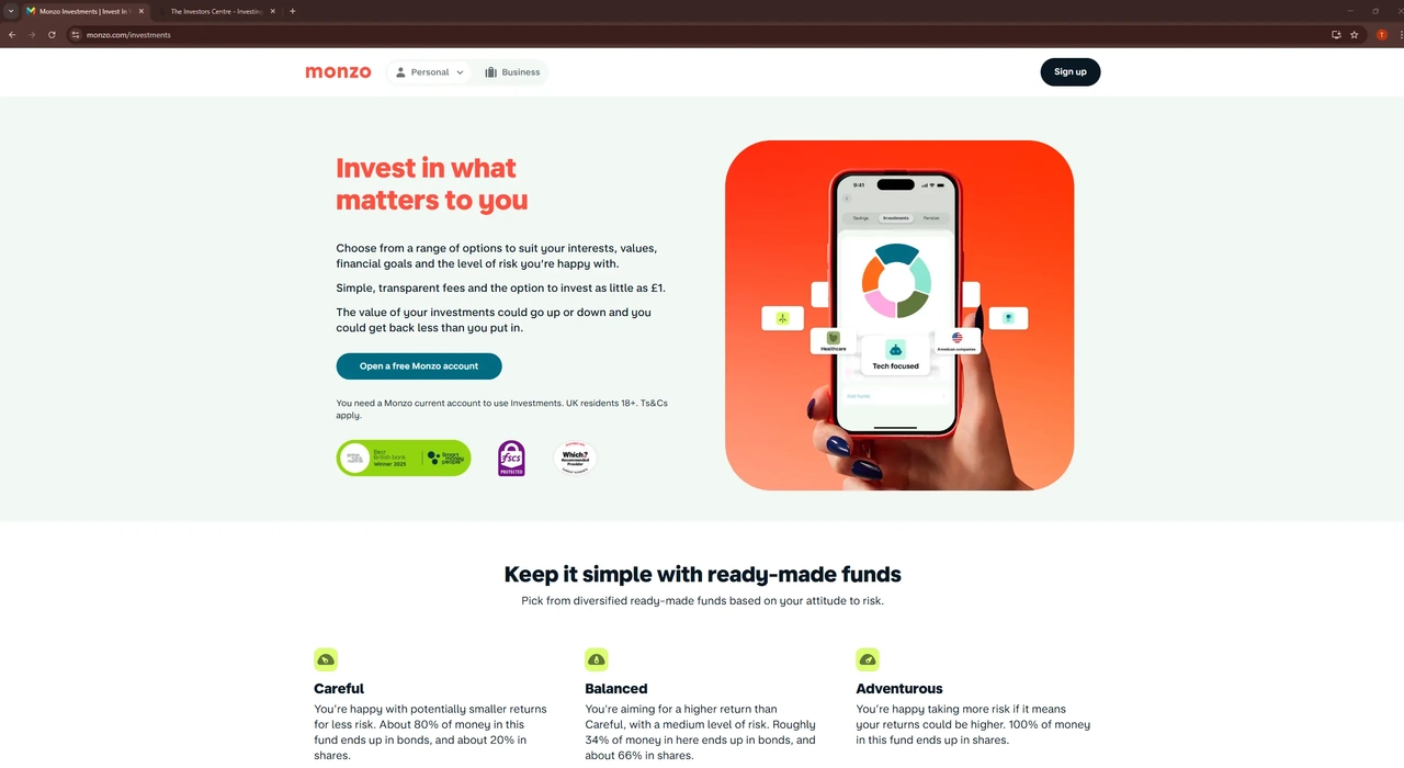 Screenshot of the Monzo investments landing page showing the hero section with a phone mockup displaying investment categories, and three ready-made fund options: Careful, Balanced, and Adventurous