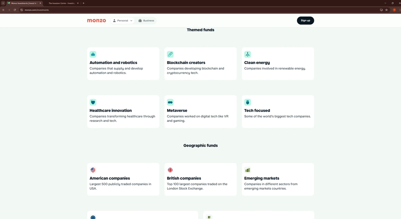 Screenshot of the Monzo investments page showing six themed funds including Automation and robotics, Blockchain creators, and Clean energy, plus geographic funds for American companies, British companies, and Emerging markets