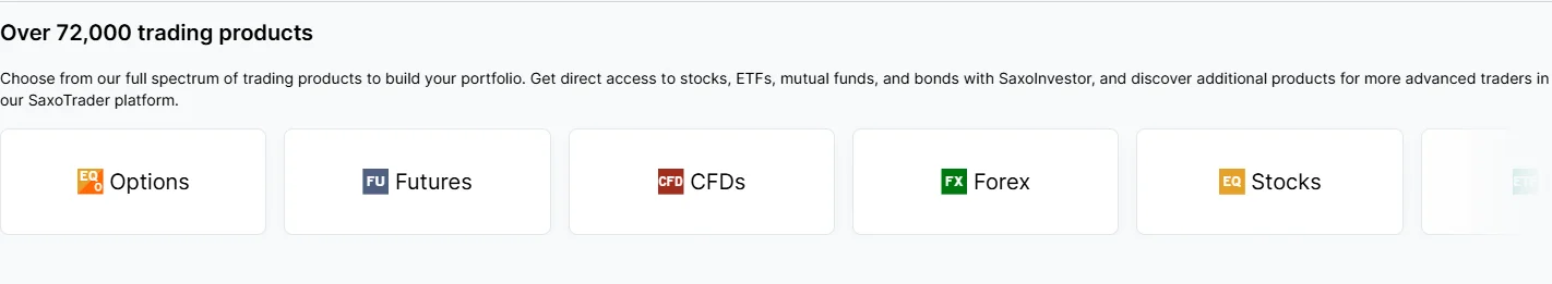 Saxo Investor trading products list showing available DMA markets