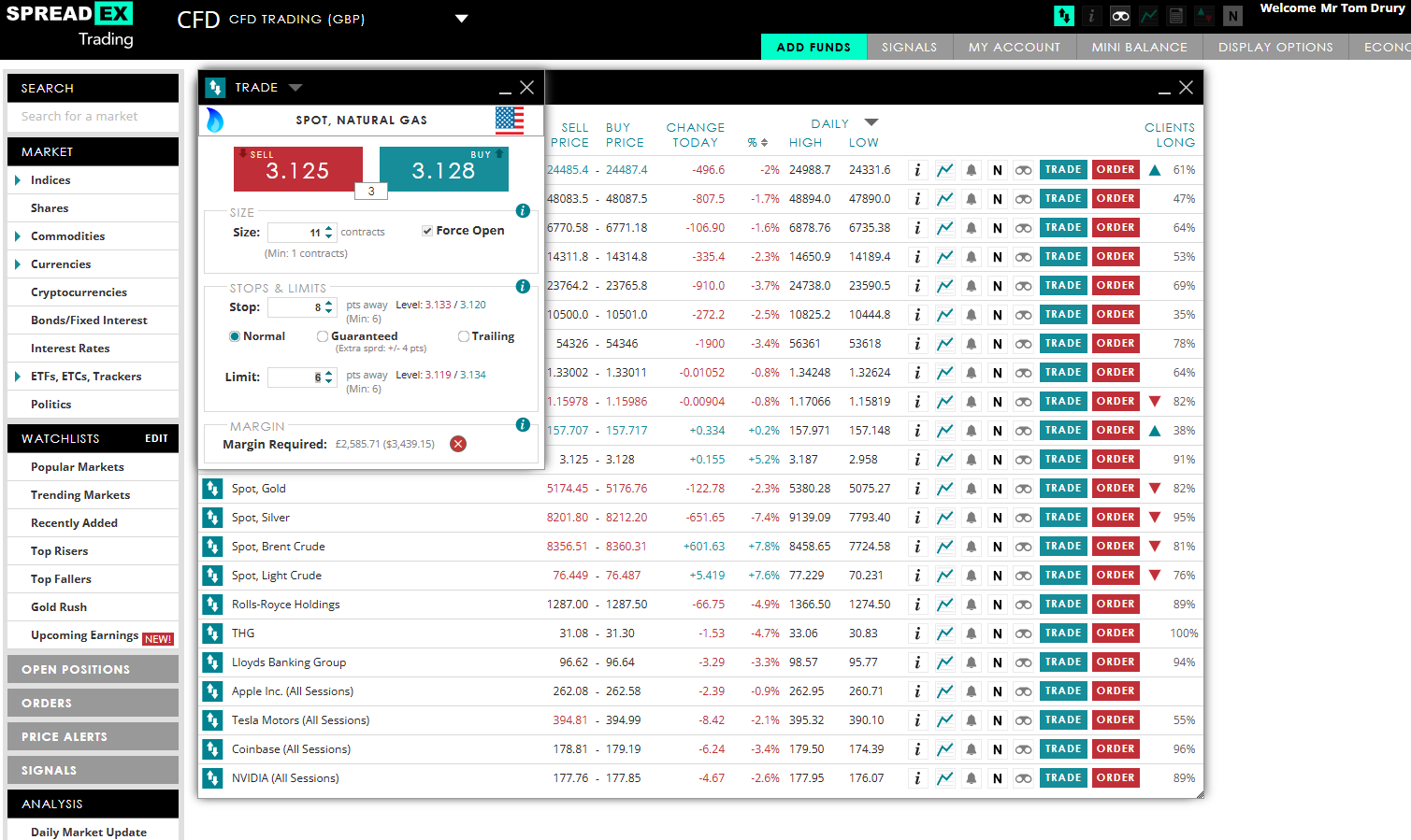 Spreadex CFD trading platform order ticket showing live pricing, stake input, and stop-loss options for a spread bet position.