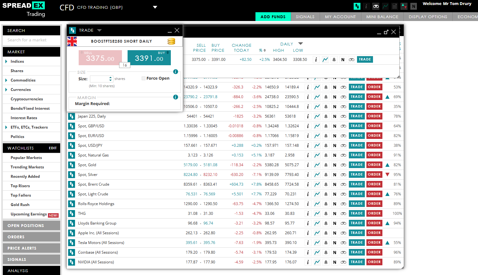 Spreadex FTSE 100 trading platform showing live bid and ask prices, position sizing, and spread betting order options on the UK 100 index.