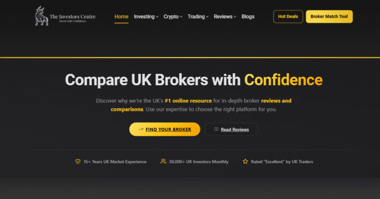 Compare UK brokers platform homepage with bold headline, dark theme layout, CTA buttons, reviews, and trading comparison tools