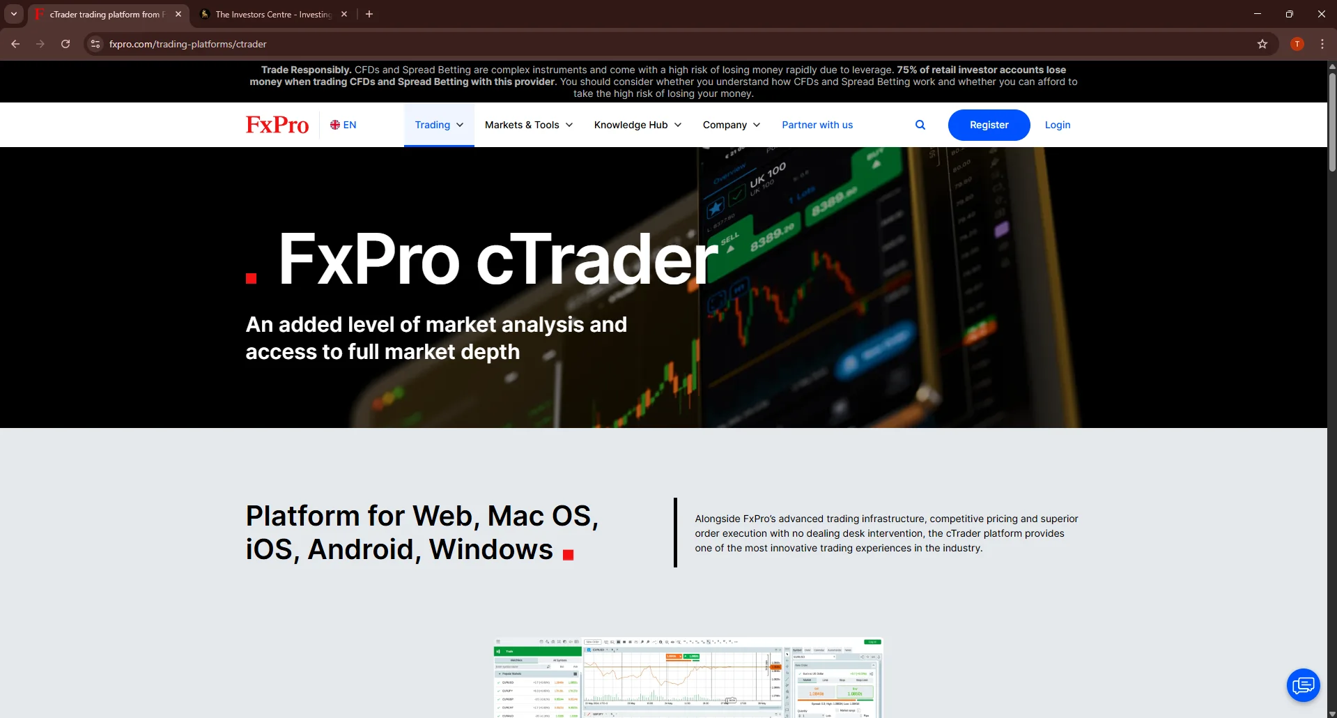Screenshot of FxPro cTrader platform page showing advanced market analysis and full market depth access across Web, Mac, iOS, Android, and Windows