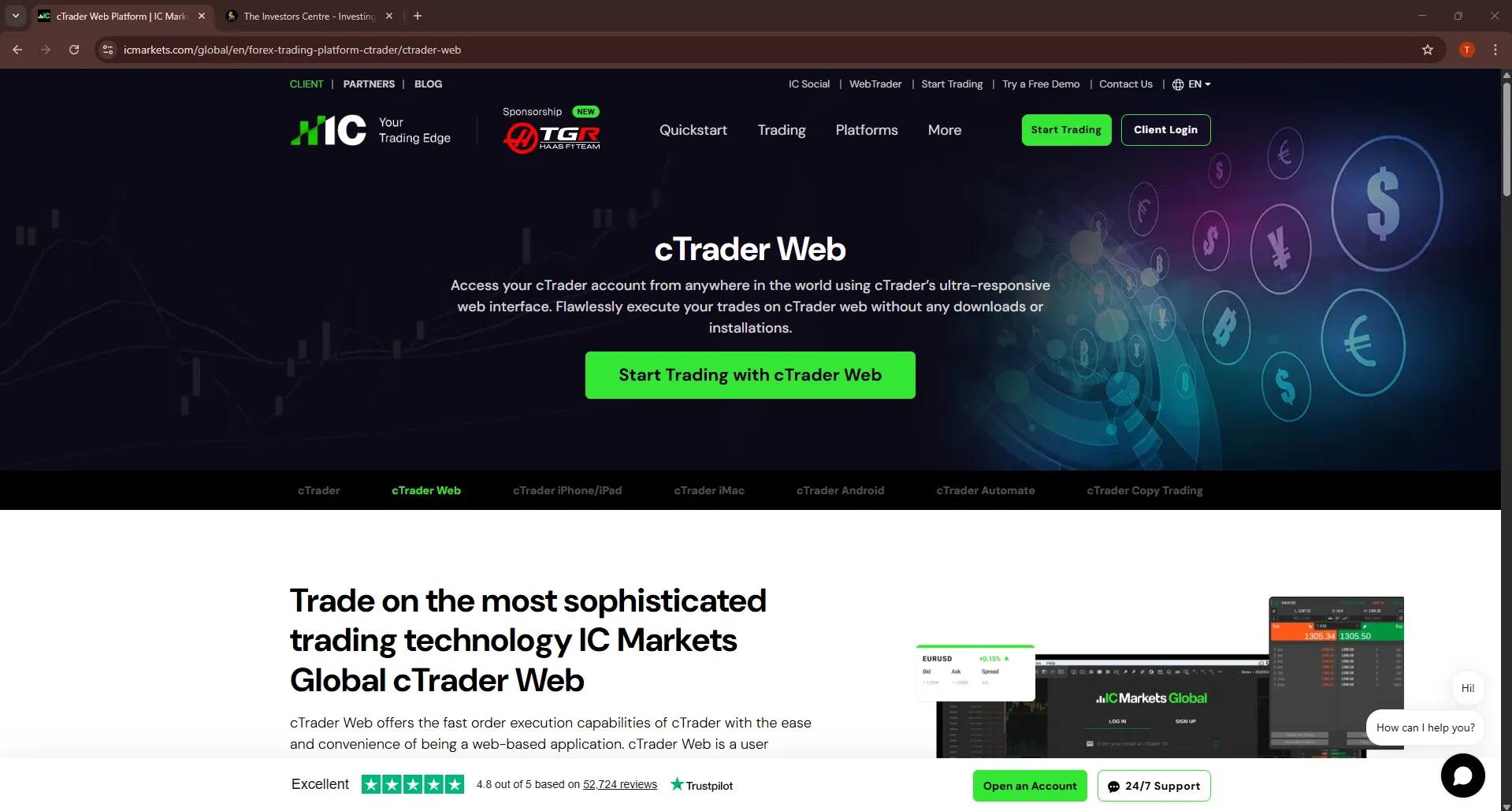 Screenshot of IC Markets cTrader Web platform showing trading interface with fast order execution and web-based access