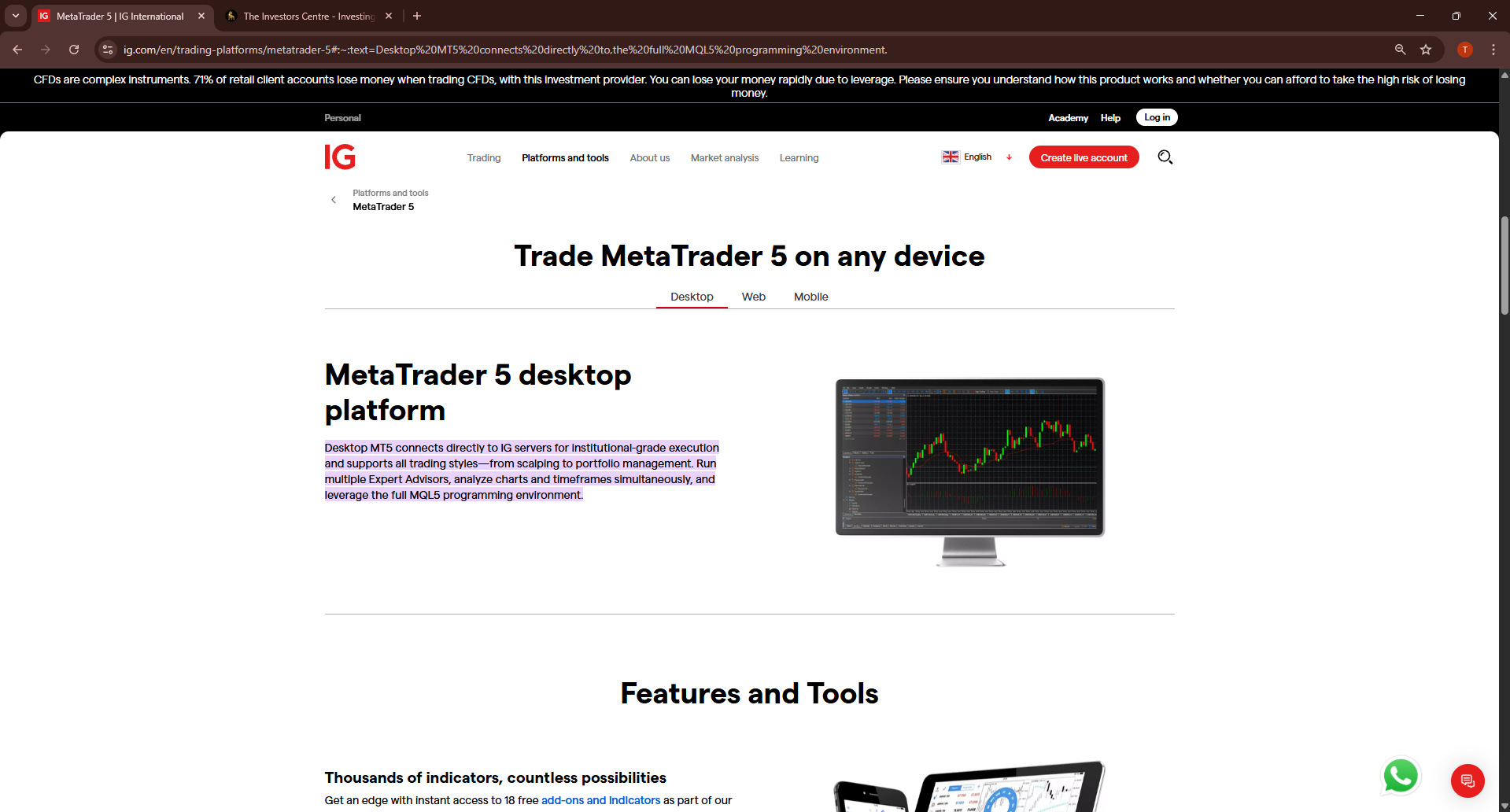 Screenshot of IG's MetaTrader 5 platform integration page showing MT5 spread betting access with 17,000+ markets for UK traders