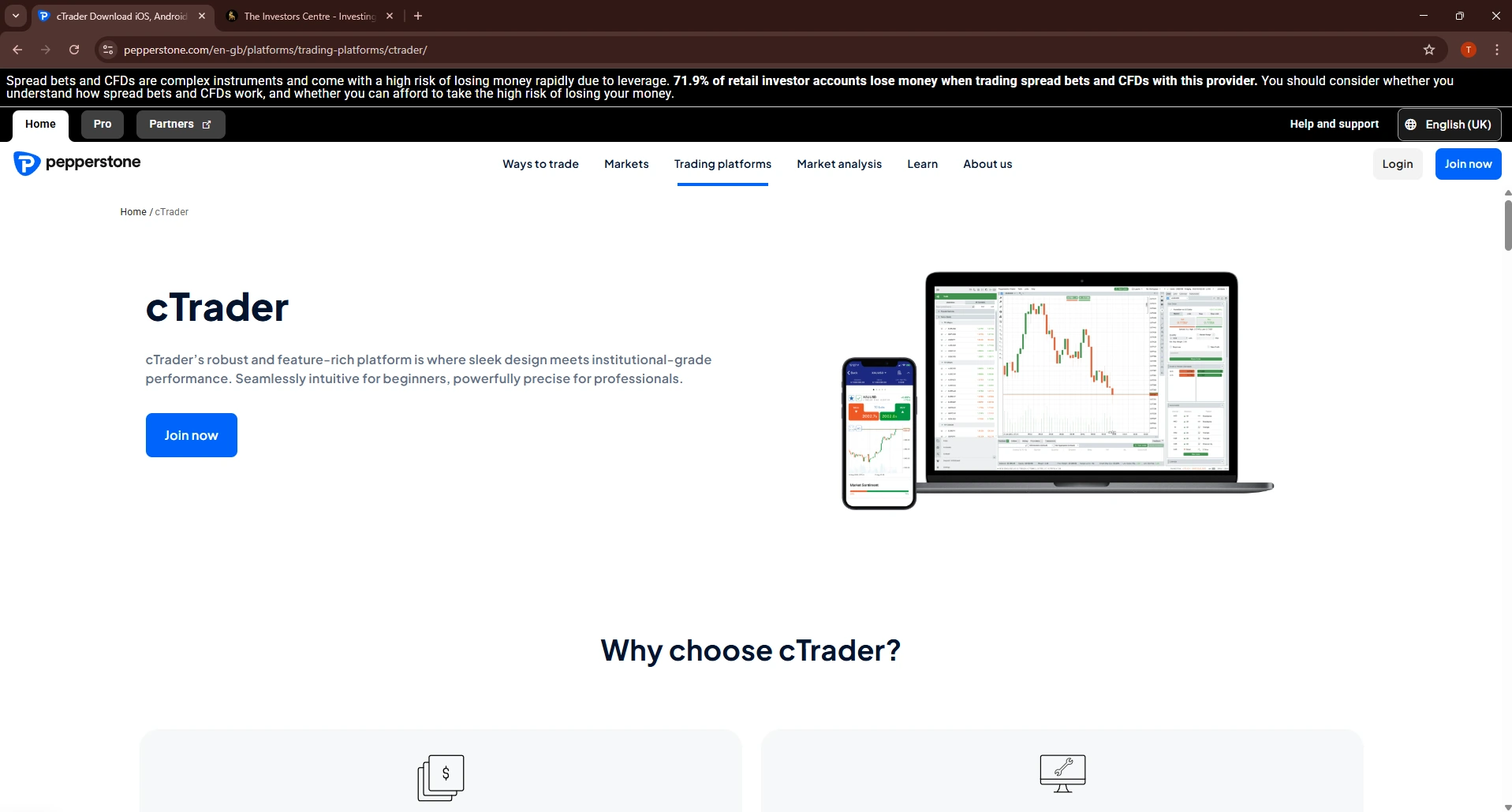 Screenshot of Pepperstone's cTrader trading platform page showing institutional-grade performance for both beginner and professional traders