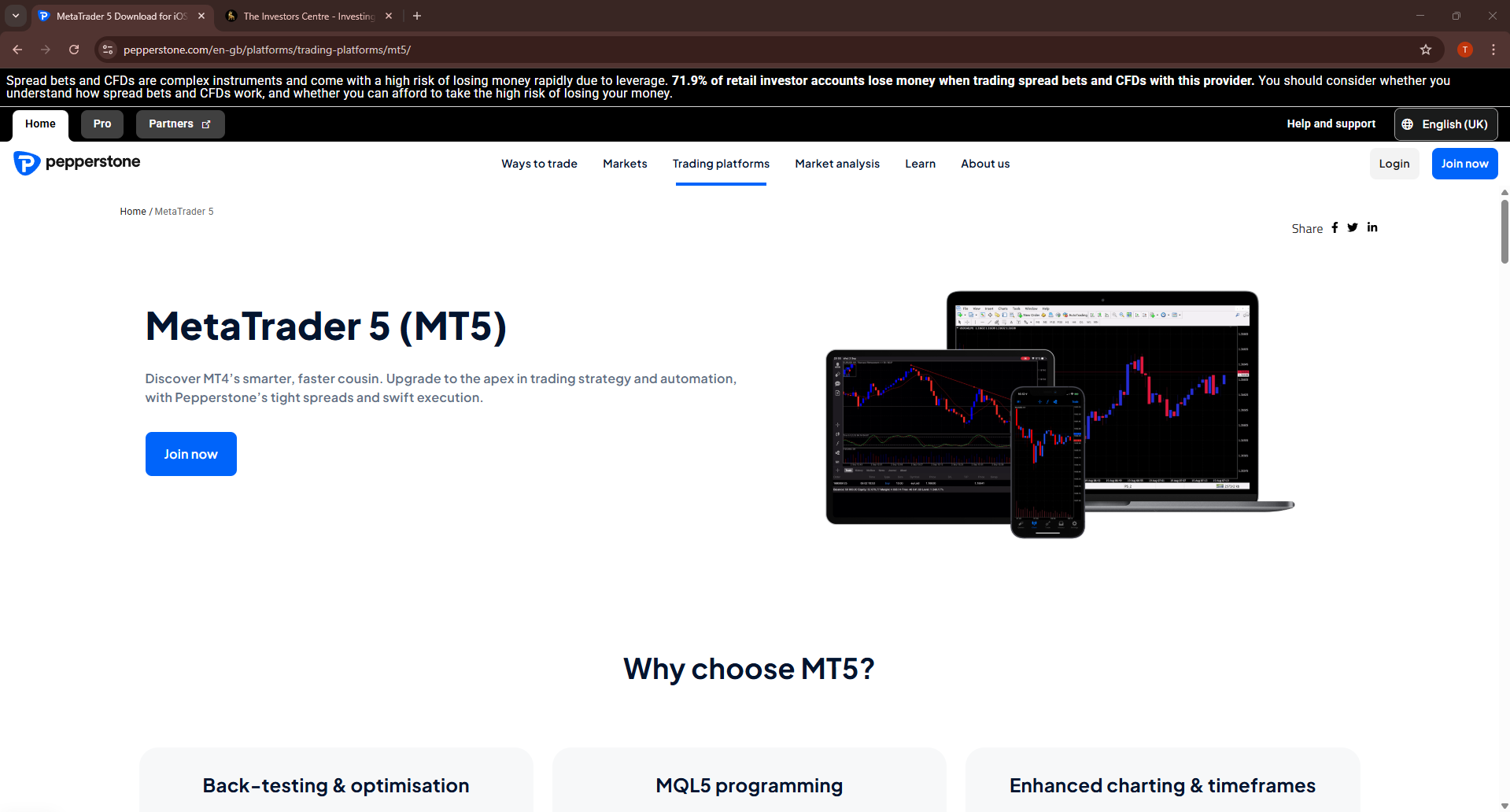 Screenshot of Pepperstone's MetaTrader 5 platform integration page showing MT5 spread betting capabilities for UK traders