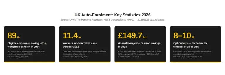Auto-enrolment statistics UK 2026: 11.4m enrolled since 2012, £149.7bn annual savings, 89% participation and full reform tracking from DWP and TPR.