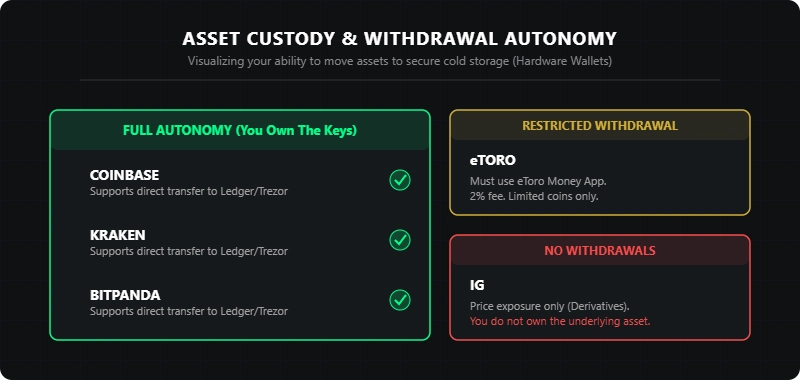 Flowchart routing UK investors to the best crypto apps based on their trading needs, comparing Coinbase for beginners, Kraken for low fees, and Bitpanda for altcoins.