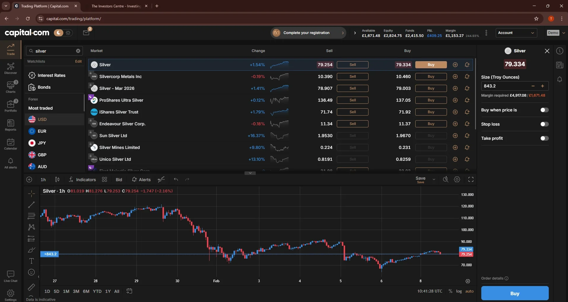 Screenshot of Capital.com UK trading platform showing Silver commodity market list and price chart on desktop