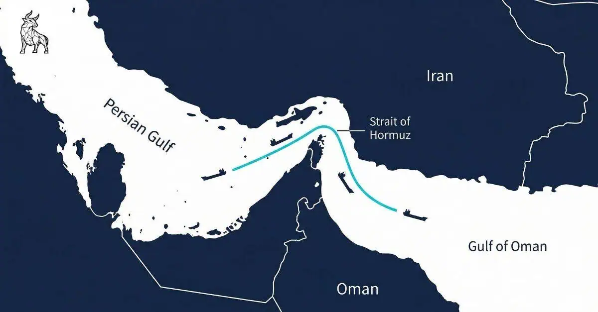 Illustrated map of the Strait of Hormuz showing Iran to the north, Oman to the south, the Persian Gulf to the west and the Gulf of Oman to the east, with oil tanker shipping routes marked through the 21-mile-wide chokepoint.