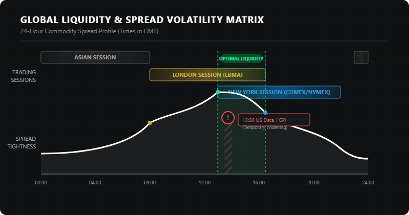 24-hour commodity spread volatility matrix showing spread tightness across Asian, London LBMA, and New York COMEX/NYMEX trading sessions