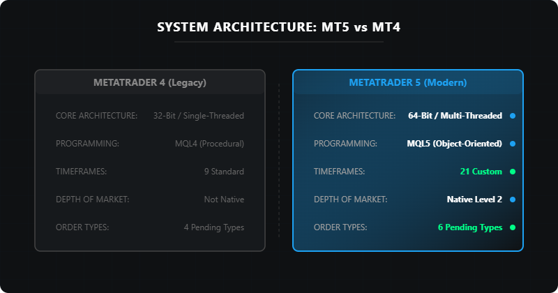 Comparison chart showing MT5 vs MT4 system architecture differences including 64-bit multi-threaded core, MQL5 programming, 21 custom timeframes, and native Level 2 depth of market