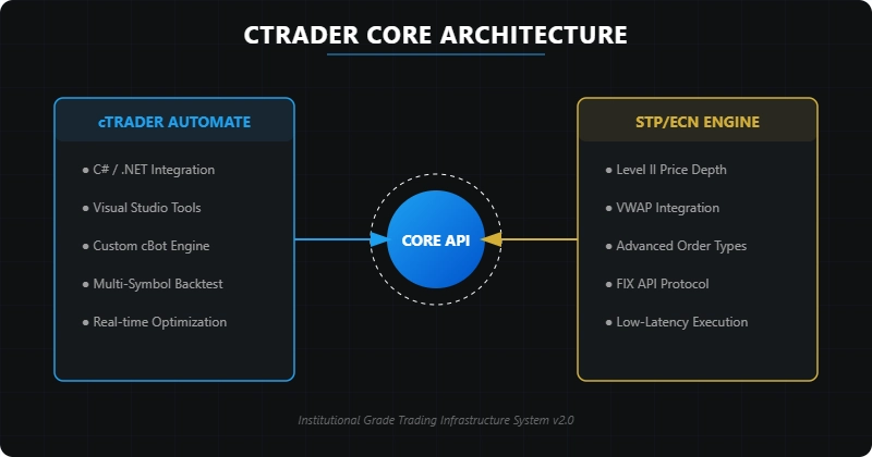 Diagram of cTrader core architecture showing cTrader Automate and STP/ECN Engine connected via Core API for institutional-grade trading infrastructure